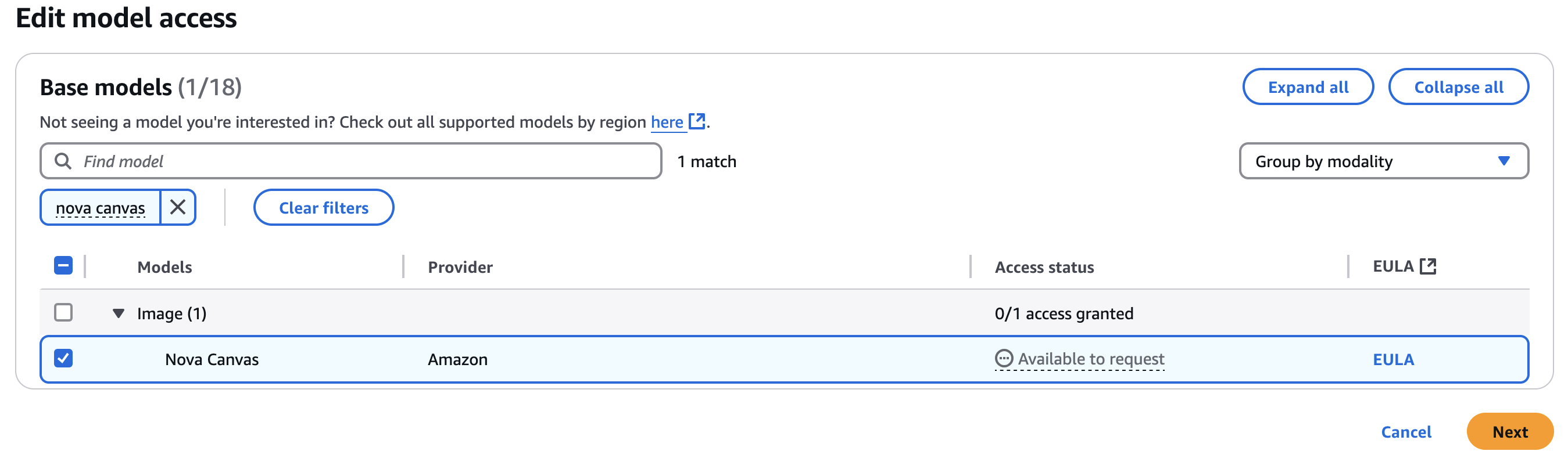 Amazon Bedrock model access editor displaying filtered view of Nova Canvas image model with access controls