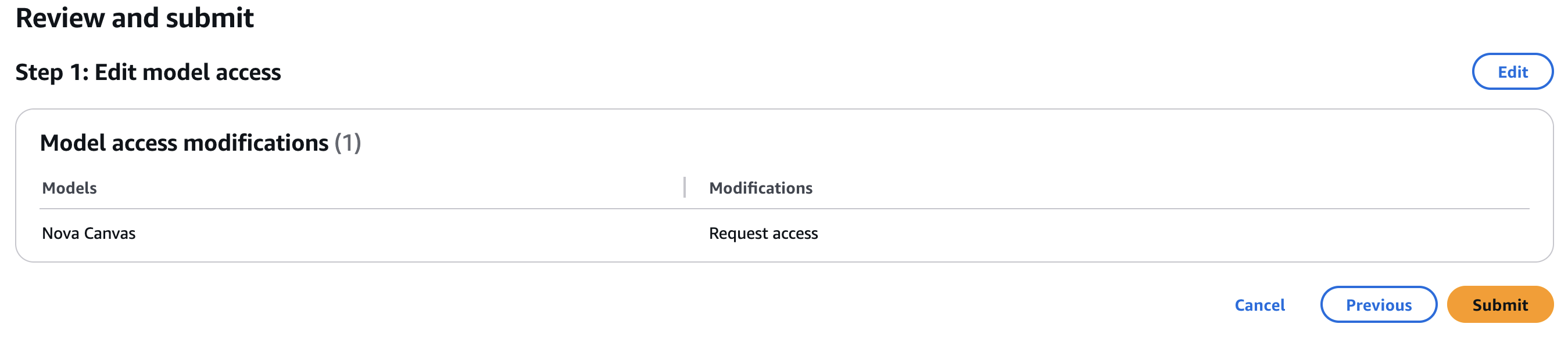 Final review interface for Amazon Bedrock Nova Canvas model access request with edit and navigation options