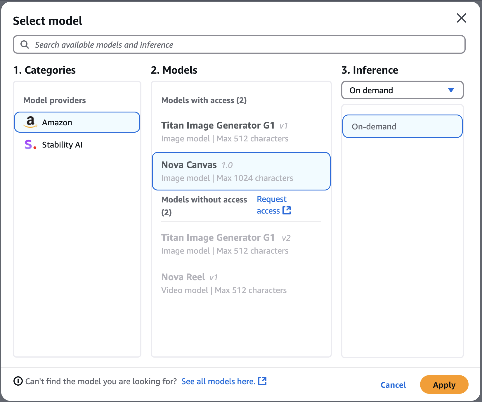 Model selection dialog with categories, available models list, and inference options for AI image generation