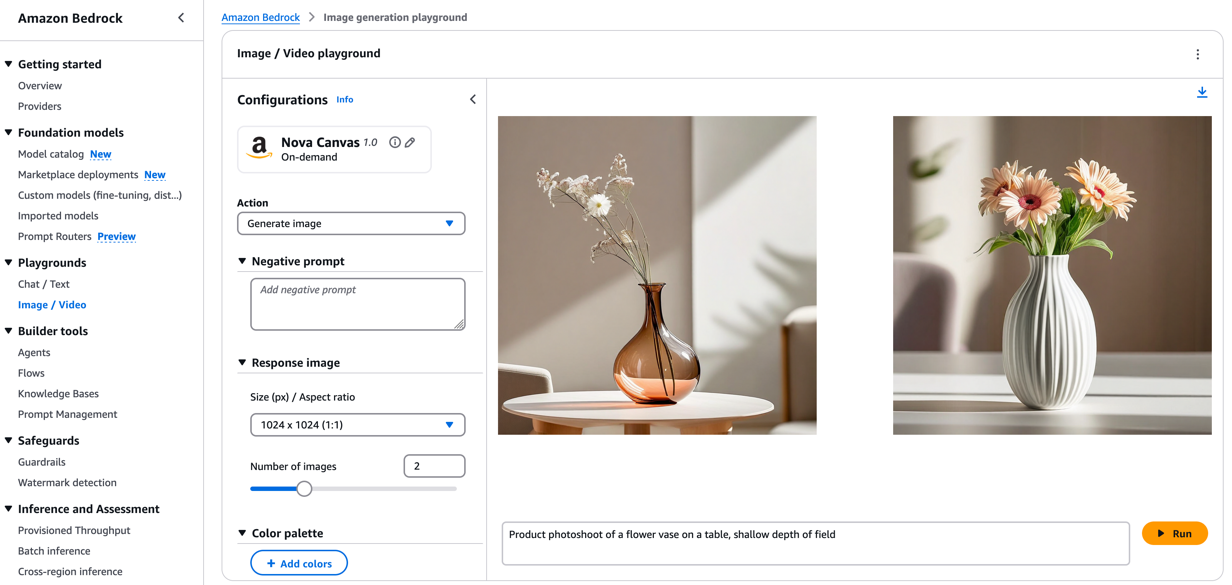 Nova Canvas image generation interface showing configuration panel and two example flower vase photos