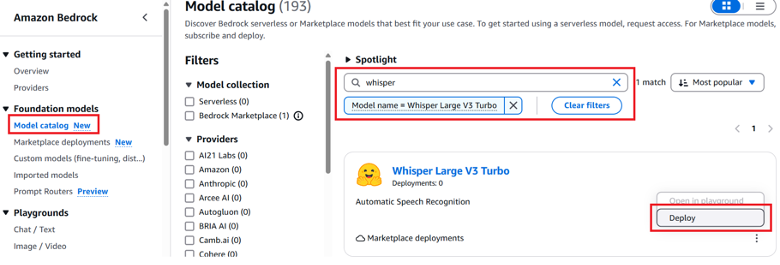 Amazon Bedrock console displaying filtered model catalog with Whisper Large V3 Turbo speech recognition model and deployment option
