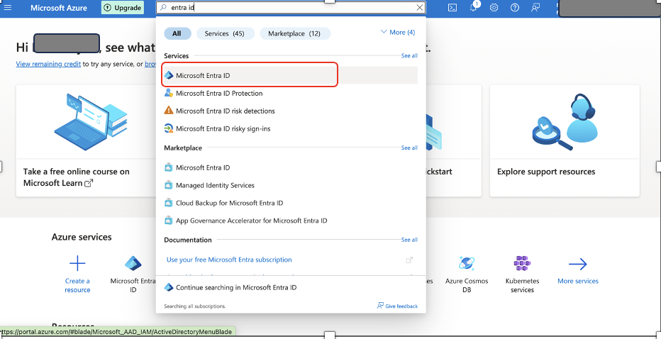 Azure portal search results for Microsoft Entra ID