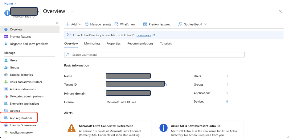 Microsoft Entra ID portal with App registrations menu item highlighted in navigation pane
