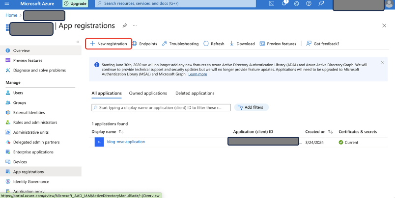 Microsoft Entra ID App registrations page showing single registered application
