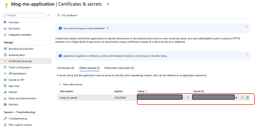 Azure portal showing newly created client secret with masked value and ID fields