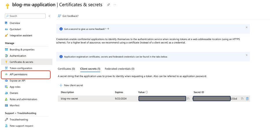 Azure portal showing API permissions menu selection with active client secret configuration