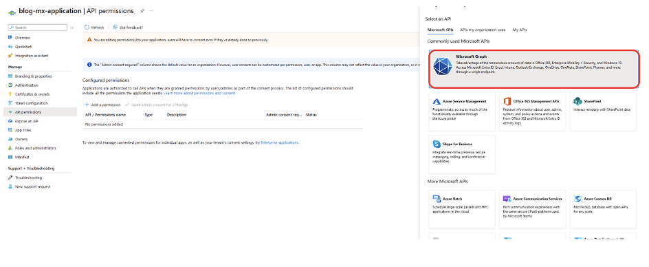 API permissions page showing configuration settings for a blog application in AWS Management Console