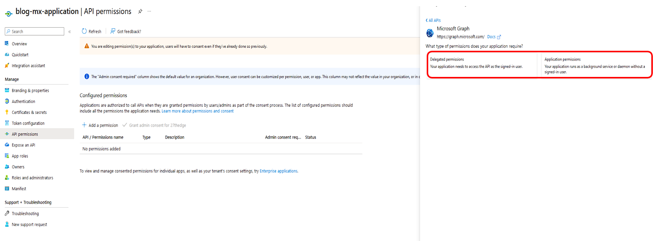 API permissions configuration page showing Microsoft Graph integration settings
