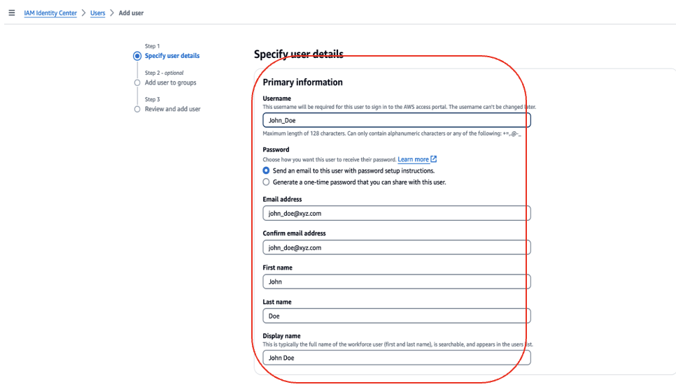 IAM user creation form showing primary information fields including username and email address