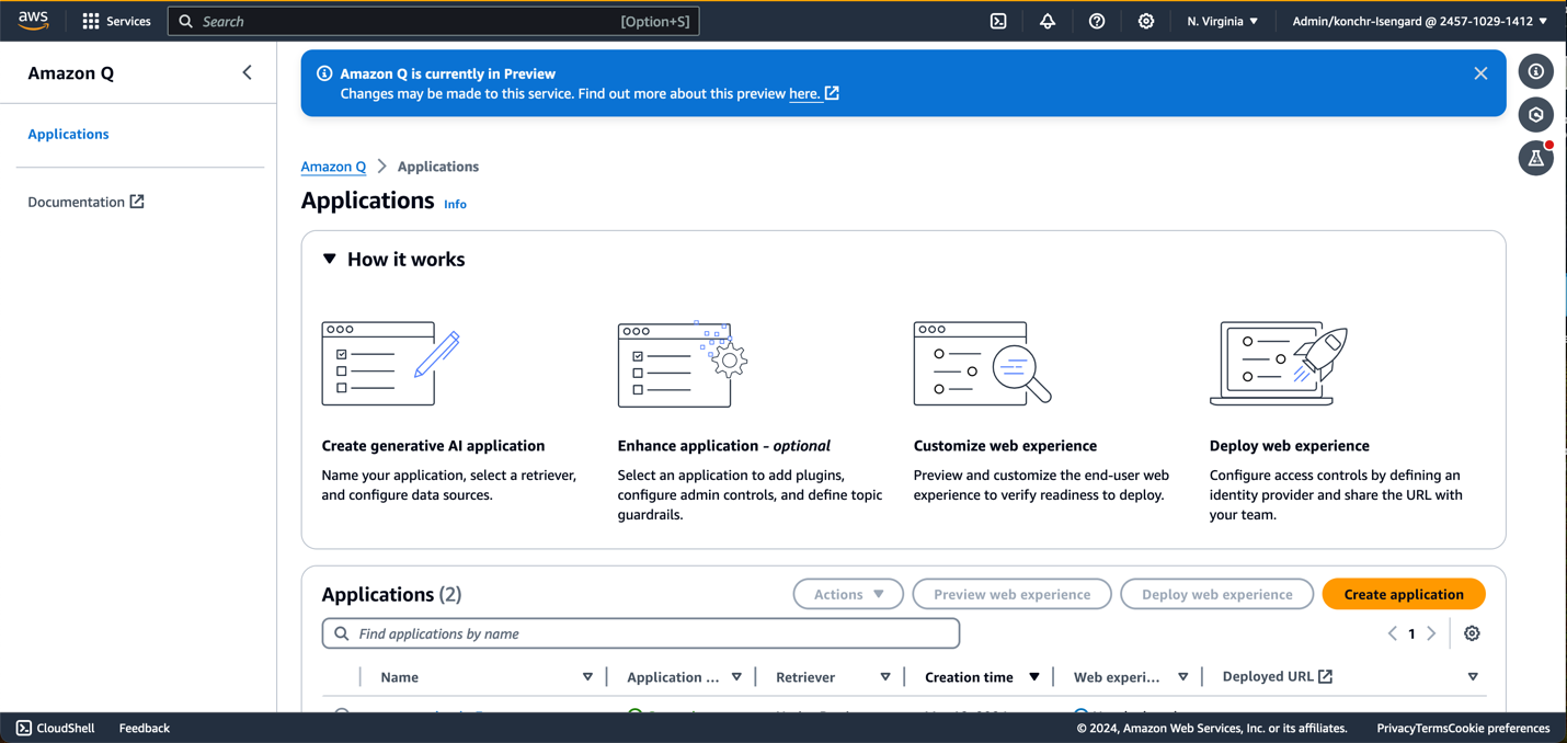 Amazon Q Applications dashboard showing four-step workflow process