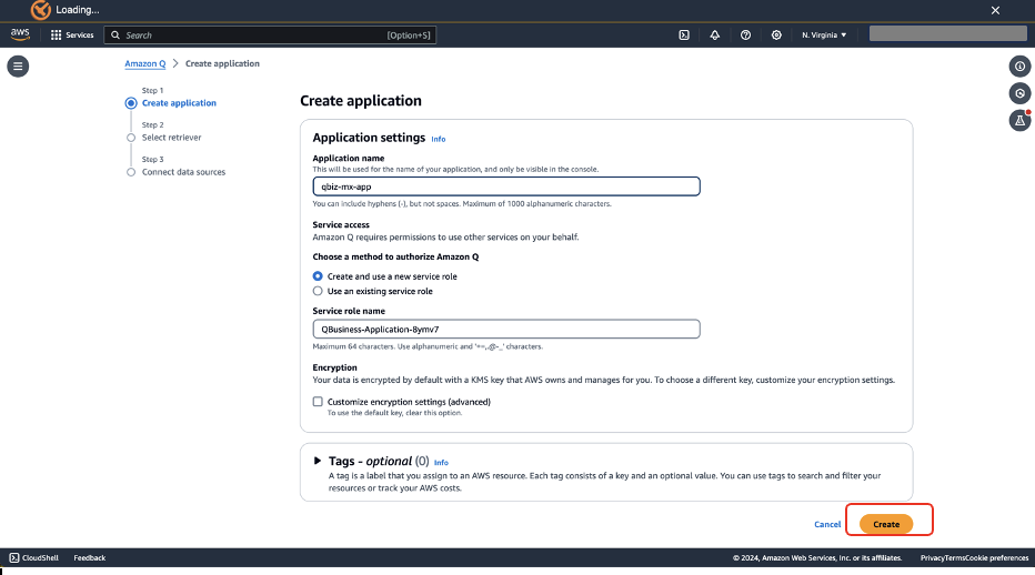 Amazon Q application creation form showing basic settings configuration
