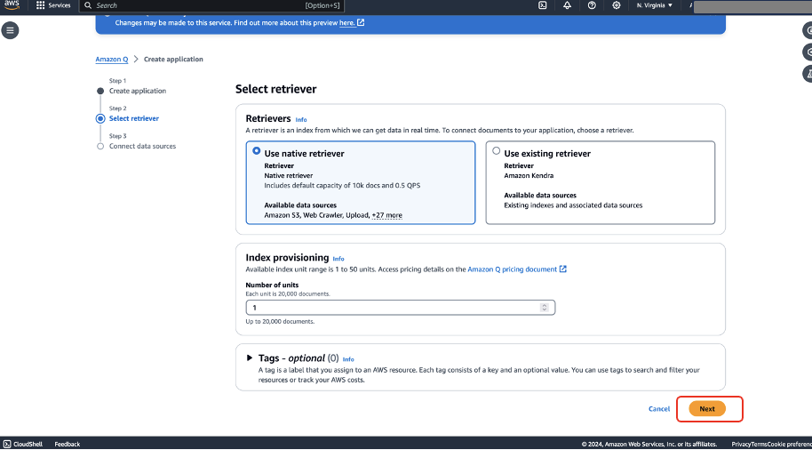 Amazon Q retriever selection interface with native and existing options