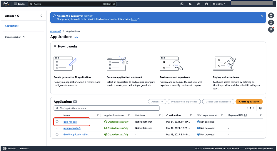 AWS Q Applications dashboard showing workflow steps and list of existing applications