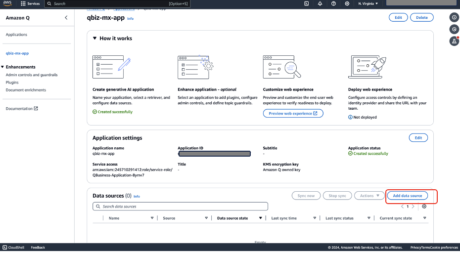 AWS Q application details page showing workflow steps and configuration settings for qbiz-mx-app