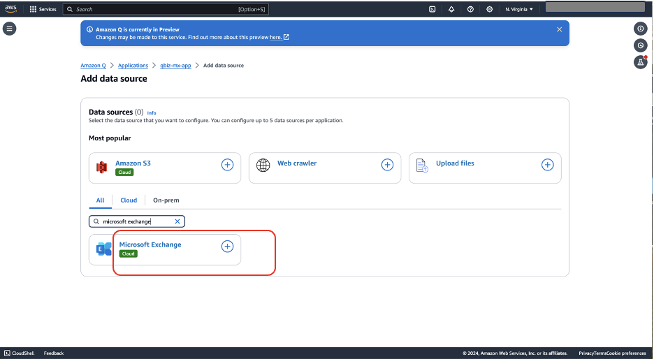 AWS Q Add data source interface showing available connection options including Microsoft Exchange