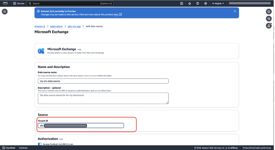 Microsoft Exchange configuration form in AWS Q showing name, description, and authorization fields