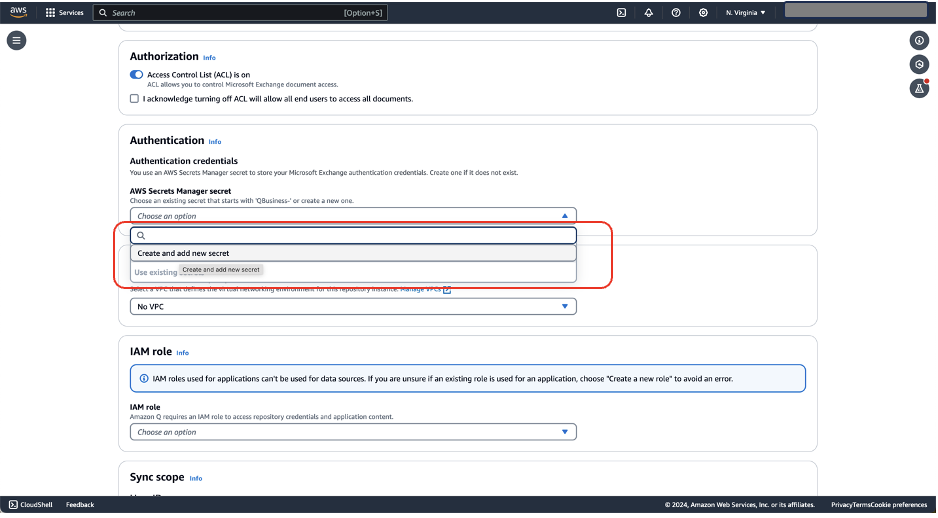 AWS console showing authentication settings with secrets manager dropdown menu highlighted