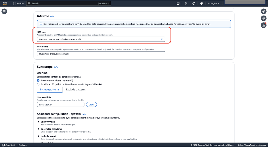 AWS console interface showing IAM role configuration and sync settings