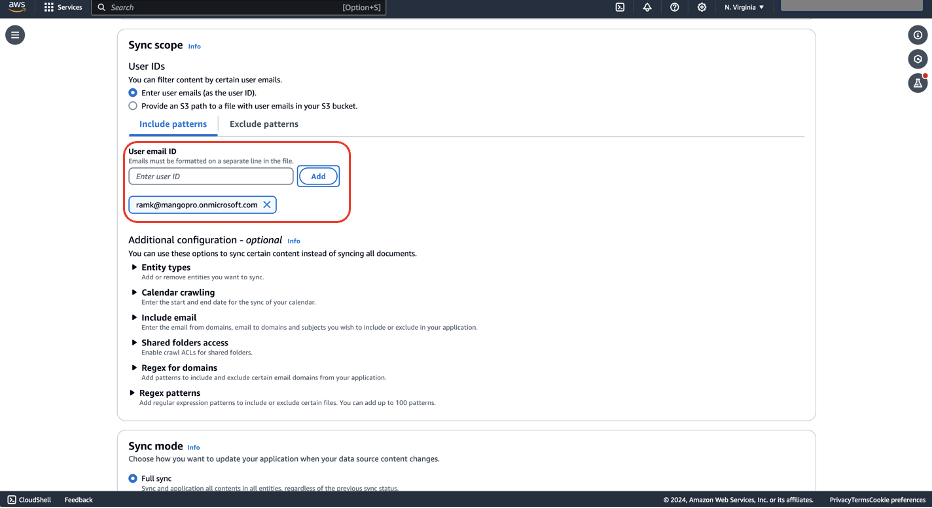 AWS sync scope configuration with user email input and optional settings
