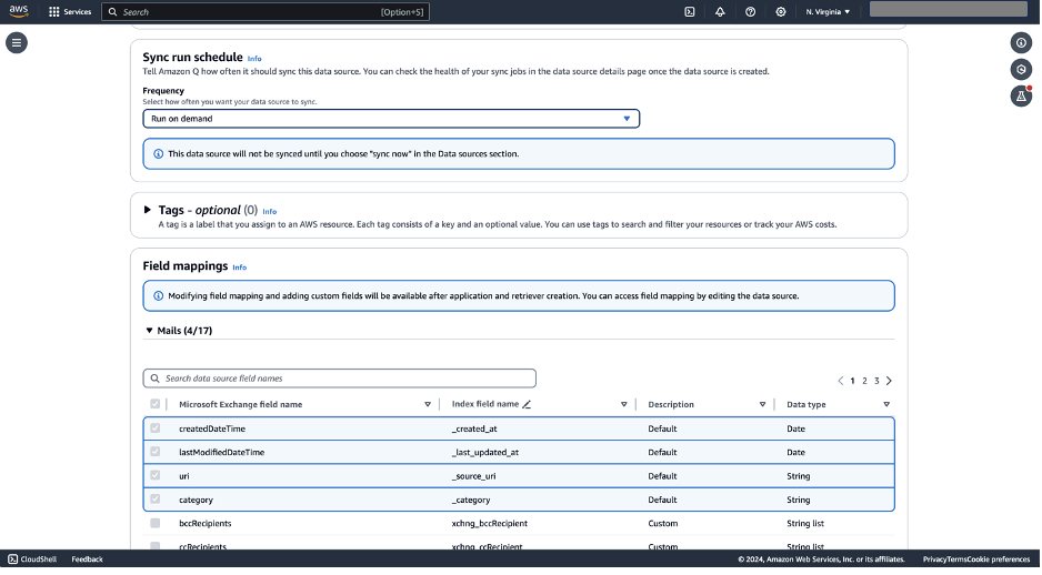 AWS console showing sync schedule and field mapping configuration