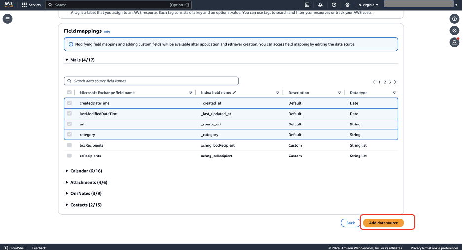 Field mapping interface showing Microsoft Exchange email fields matched to index fields in AWS