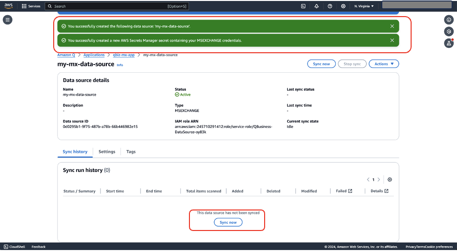 AWS data source details page showing newly created Microsoft Exchange connection with success messages