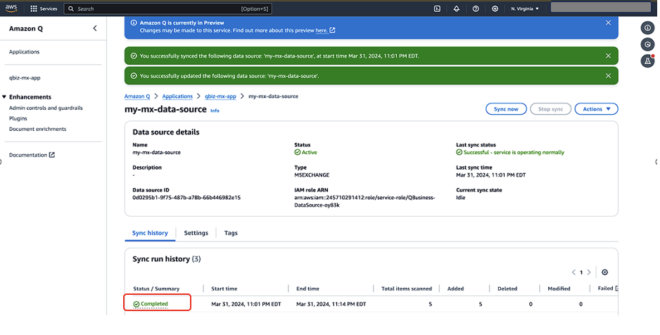 AWS Amazon Q data source page showing successful sync completion with 5 items processed