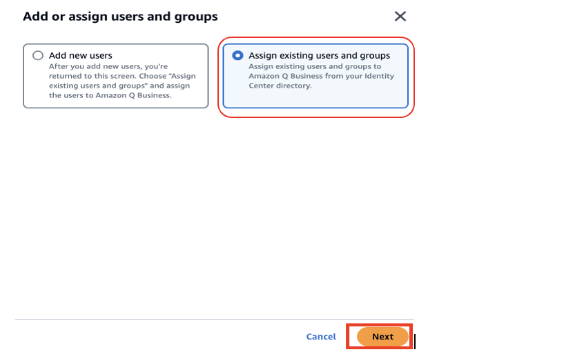 Dialog box with options to add new users or assign existing users to Amazon Q Business