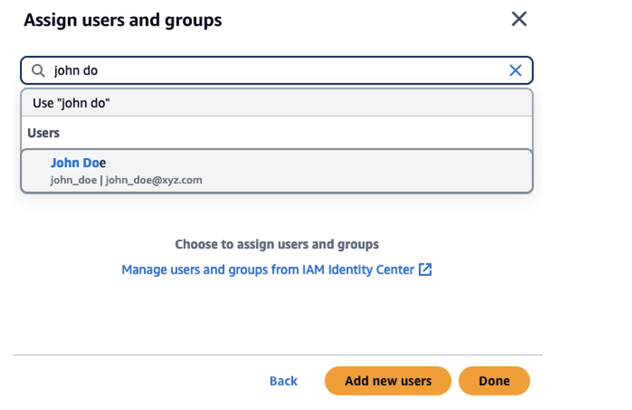 User search interface showing search results in IAM Identity Center