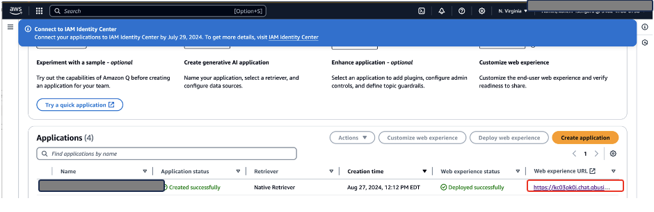 Amazon Q console dashboard showing application management interface