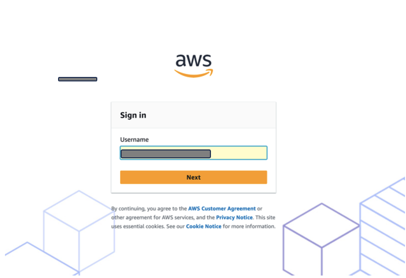 AWS sign-in page with username field and Next button