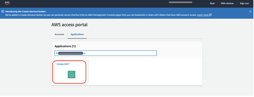 AWS access portal showing applications tab with one app listed