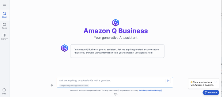 Amazon Q Business chat interface showing welcome message and input field for questions