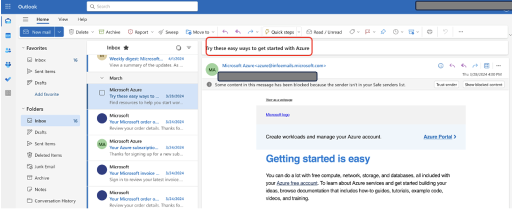 Microsoft Outlook inbox showing Azure welcome email with getting started information