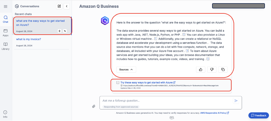 Amazon Q Business chat showing response about Azure getting started options