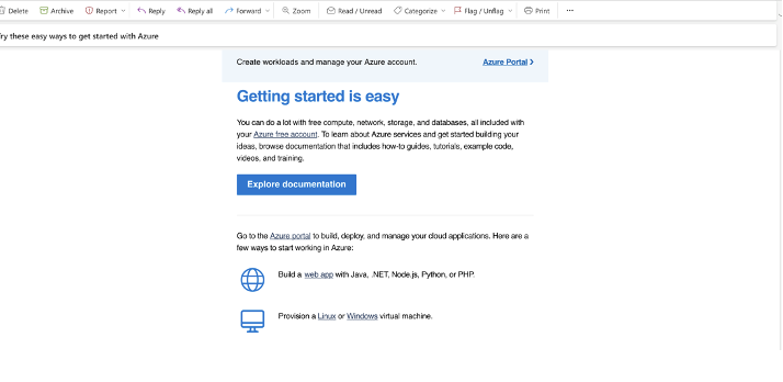 Azure getting started guide showing web app and VM deployment options