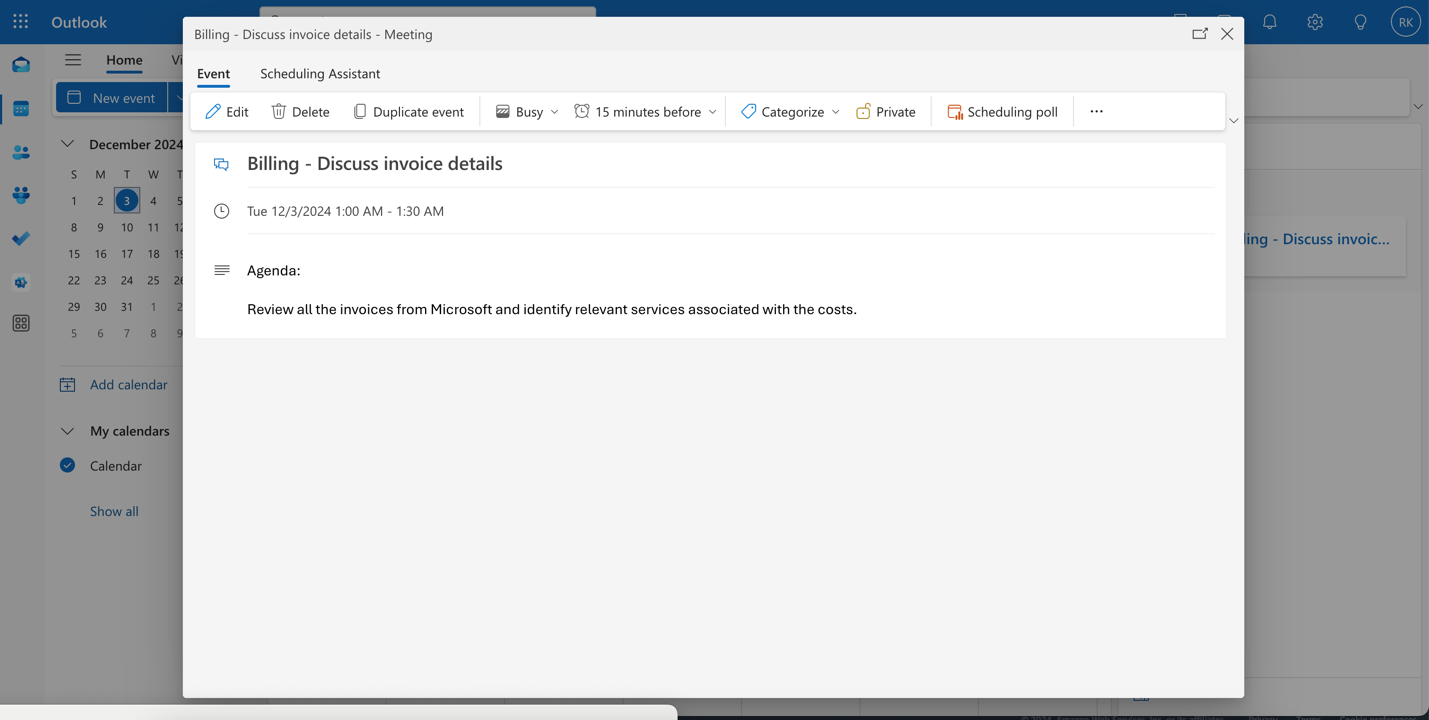 Calendar event details for billing meeting to discuss invoice details scheduled for December 3rd