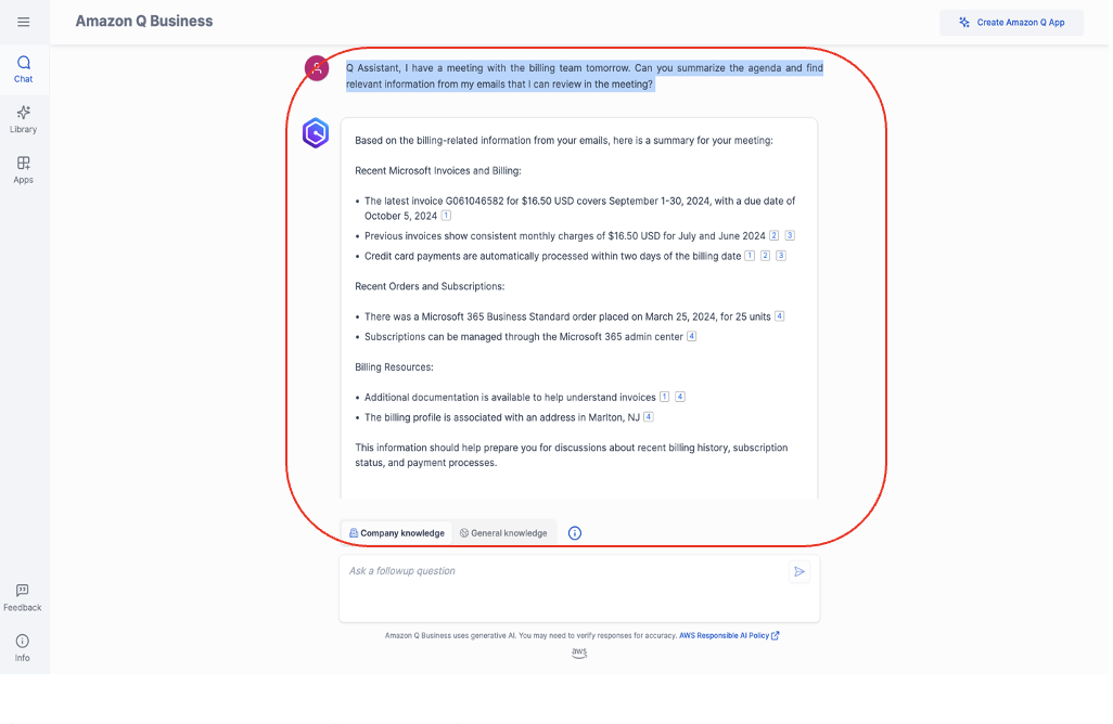 Amazon Q chat interface showing billing meeting summary with Microsoft invoice details