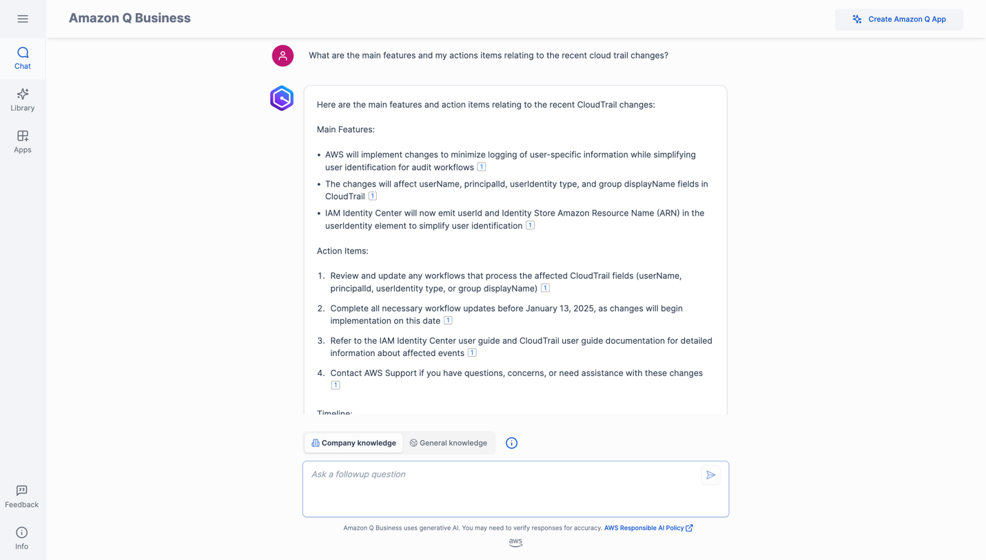 Amazon Q interface showing CloudTrail changes summary and required actions