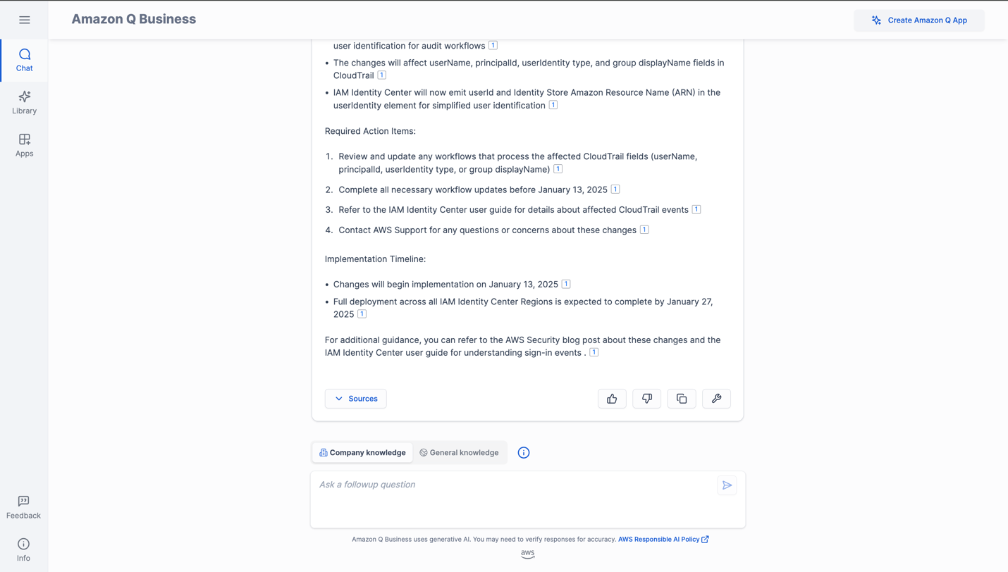 Amazon Q response showing CloudTrail implementation timeline and required actions