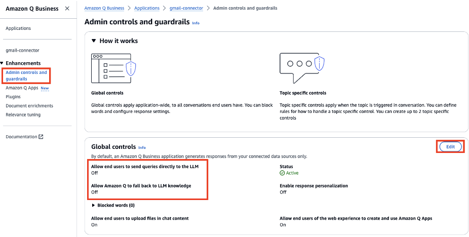 Amazon Q Business admin controls interface showing global and topic-specific settings