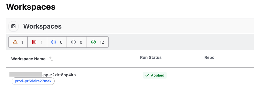 Terraform workspaces dashboard showing status counts and one workspace with Applied status