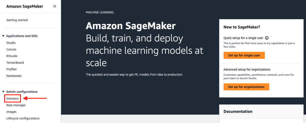 Amazon SageMaker home screen highlighting machine learning workflow options and quick-start configurations for users and organizations