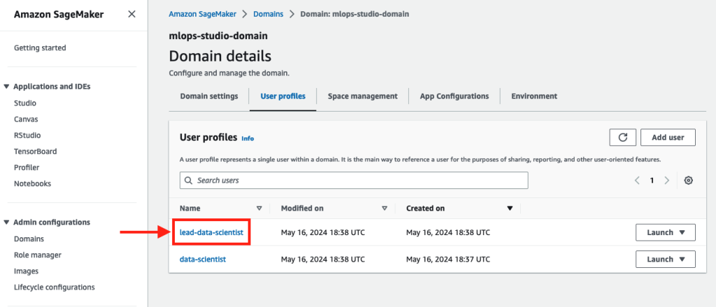 Amazon SageMaker Domain management interface showing user profiles tab with configuration options and launch controls