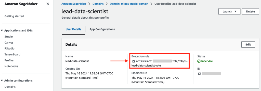 SageMaker lead-data-scientist profile configuration with IAM role and creation details