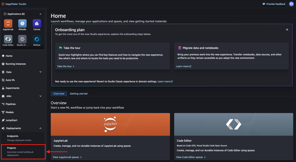 SageMaker Studio home interface highlighting ML workflow options, including JupyterLab and Code Editor, with Projects section emphasized for model deployment