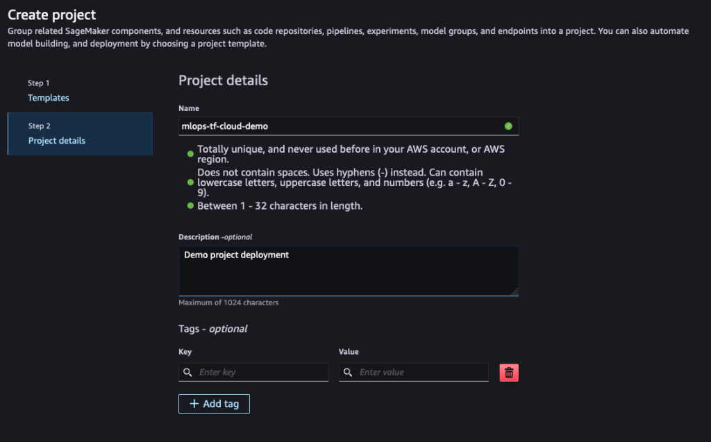 SageMaker project setup interface on Project details step, showcasing naming conventions, description field, and tagging options for MLOps workflow