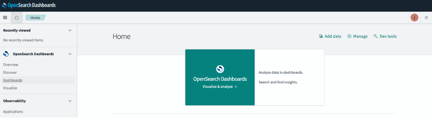 OpenSearch Dashboards landing page featuring navigation sidebar, visualization tools, and data management options