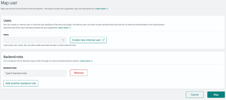 AWS IAM console showing user and backend role mapping options with explanations for role inheritance