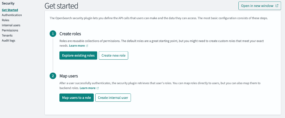 OpenSearch security setup guide detailing role creation and user mapping processes with action buttons